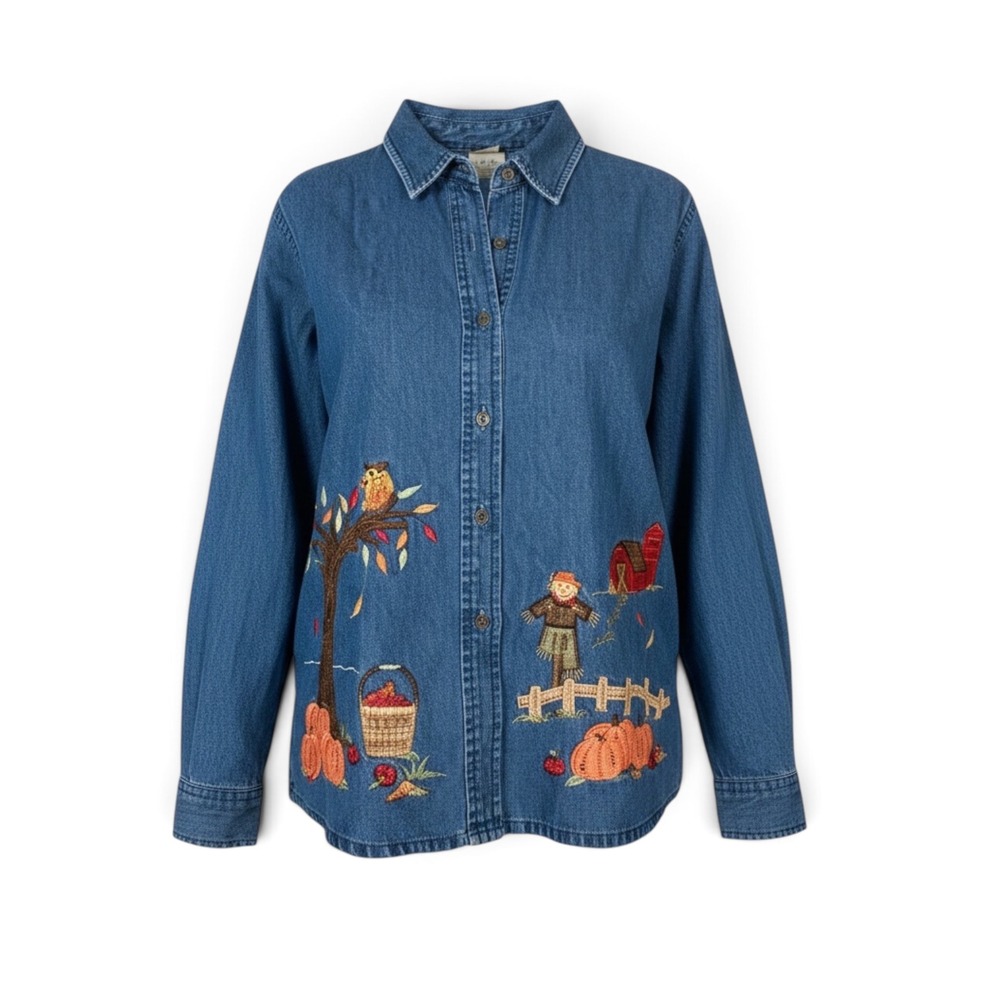 Vintage Southern Lady  Denim Fall Harvest Embroidered Button Front Shirt Sz XL